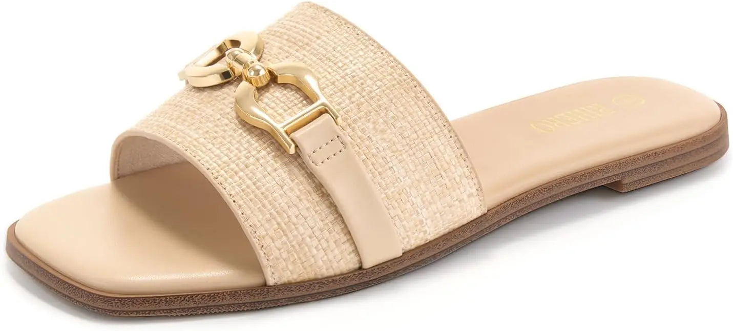 Women's Flat Sandals Summer Comfortable Square Open Toe Slip On Leather Slide Sandals