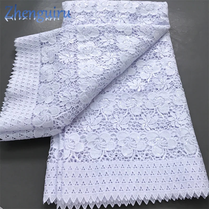 Pure White Nigerian Guipure Lace Fabric 2025 High Quality Water Soluble African Sequin Cord Lace Fabric for Party Dress Sew 4025