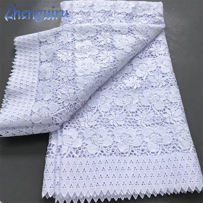 Pure White Nigerian Guipure Lace Fabric 2025 High Quality Water Soluble African Sequin Cord Lace Fabric for Party Dress Sew 4025