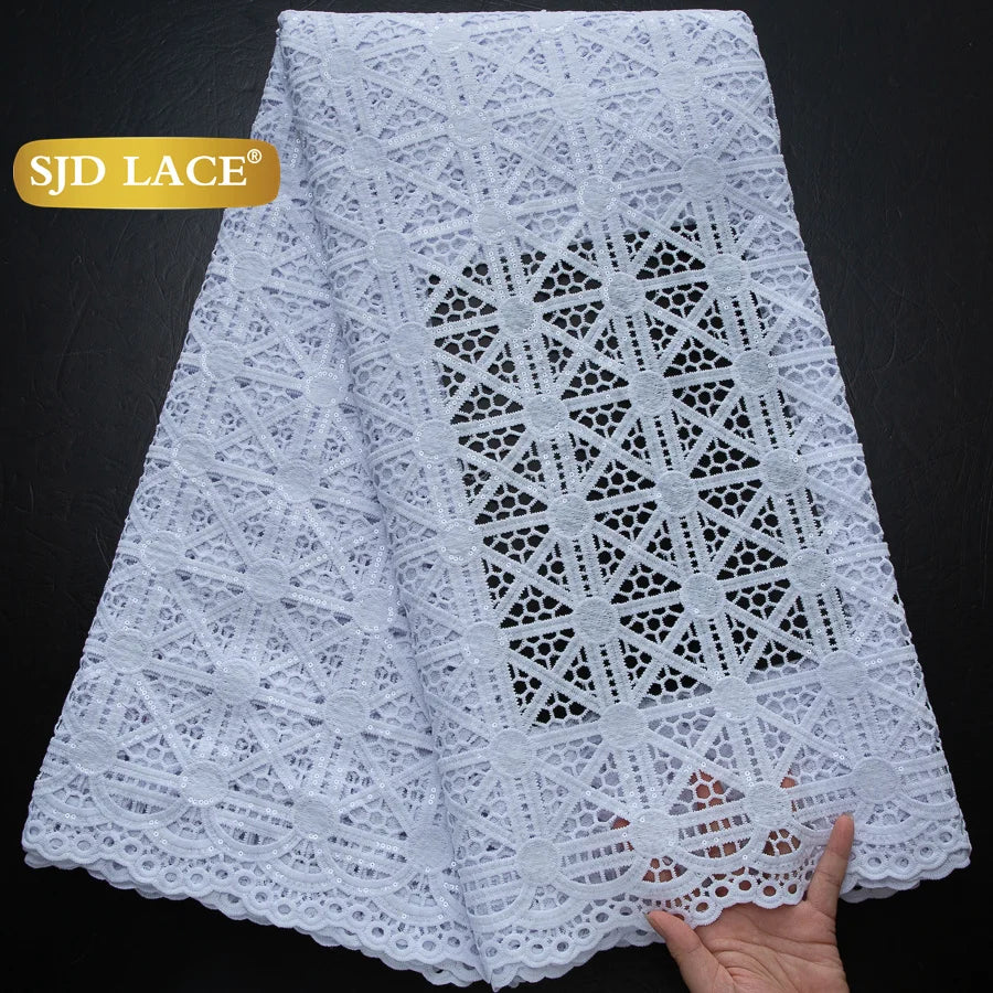 SJD LACE African Sequins Guipure Cord Lace Fabrics 5 Yards White 2025 New Nigerian Water Soluble Lace For Women Dresses Sew 4197