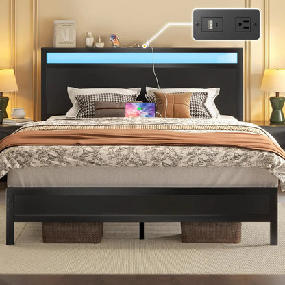 Bed Frame with Headboard & Footboard, Bed Frame with Built-in Charging Station & LED Light, Storage Shelf,, Customized