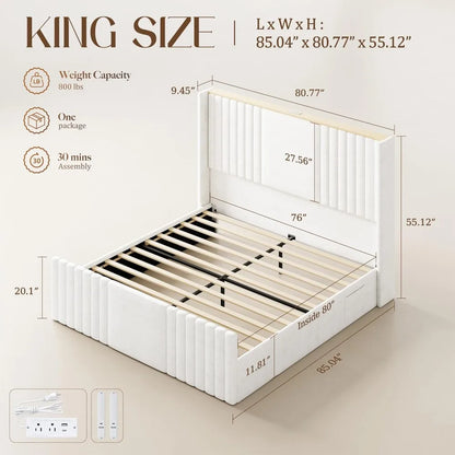 King Size Bed Frame with Tall Headboard, Velvet Upholstered Platform Bed with Reading Lights, Storage Shelf, Charging Station