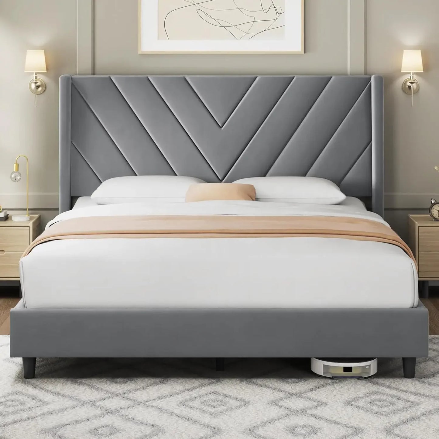 Bed Frame Upholstered Platform Bed with Wing Side/Wooden Slat Support/Tufted Headboard with Wing Side/Mattress Foundation