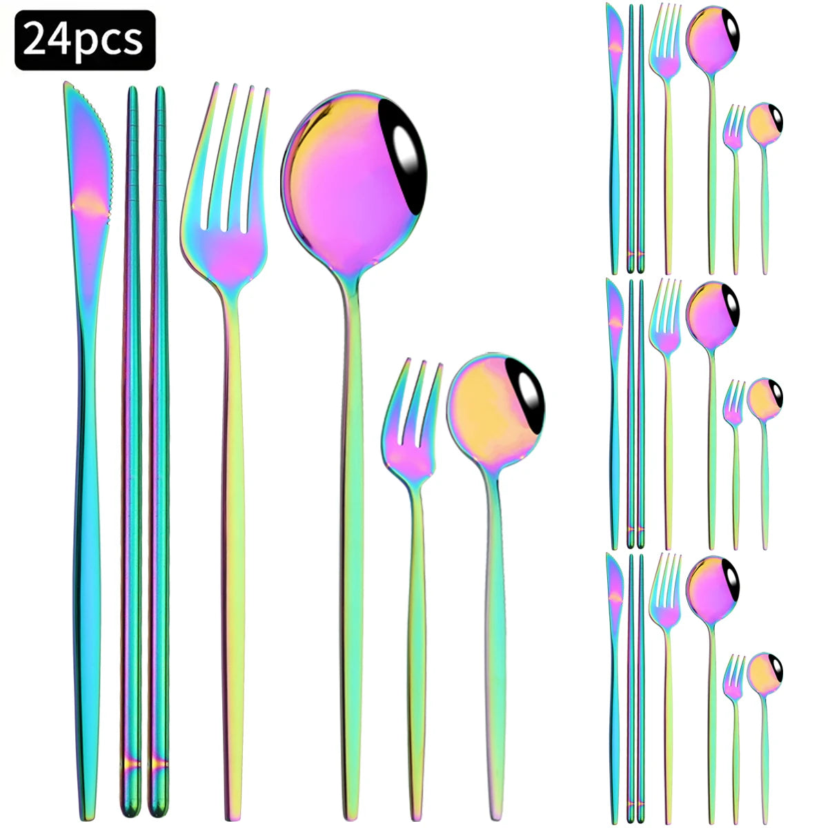 24pcs Silver Stainless Steel Cutlery Set Mirror Dinnerware Set Fork Knife Spoon Chopsticks Tableware Teaspoon Cake Fork Flatware
