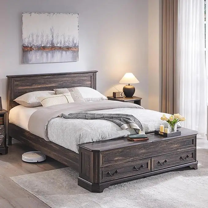 Farmhouse Queen Bed with Headboard and Storage Bench, Rustic Wood Platform Bed with 64" Storage Chest w/ 4 Large,Customized
