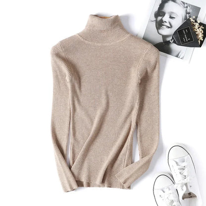 Casual Soft Polo-neck Jumper New Autumn Winter Women Knitted Turtleneck Sweater Fashion Slim Elasticity Solid Ribbed Pullovers