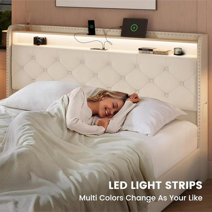 Queen Size Bed Frame with 4 Storage Drawers and Charging Station, Velvet Upholstered Platform Bed Frame with LED, Customized