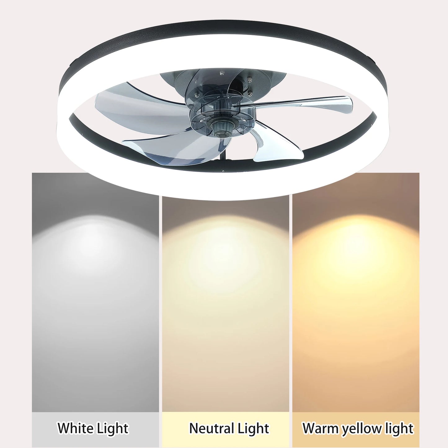 LED fan light ，20 inch modern acrylic black ceiling fan light with remote control, dimmable , 6-speed adjustable, silent motor