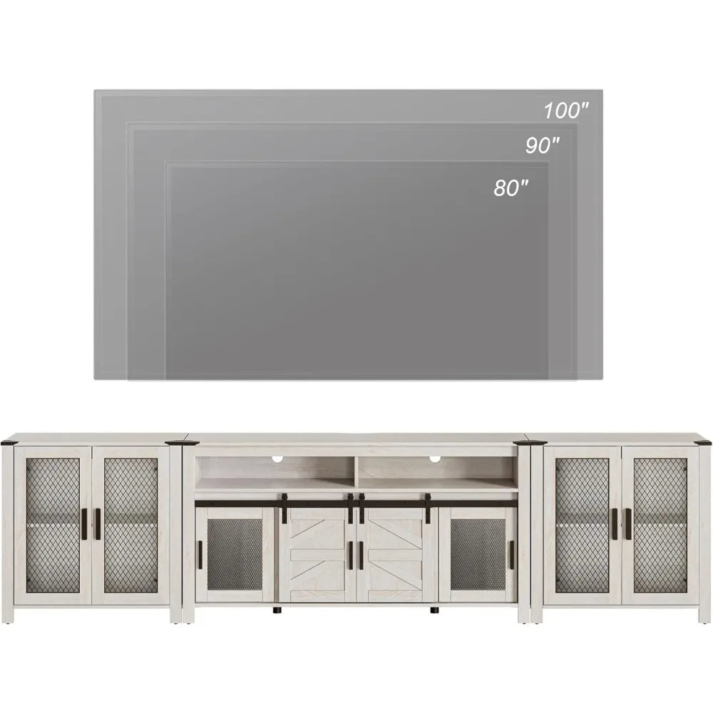 TV Stand Set for 100 inch TV,Door Storage Cabinet with Mesh for Living Room,Farmhouse Storage Units with Open and Adjusta