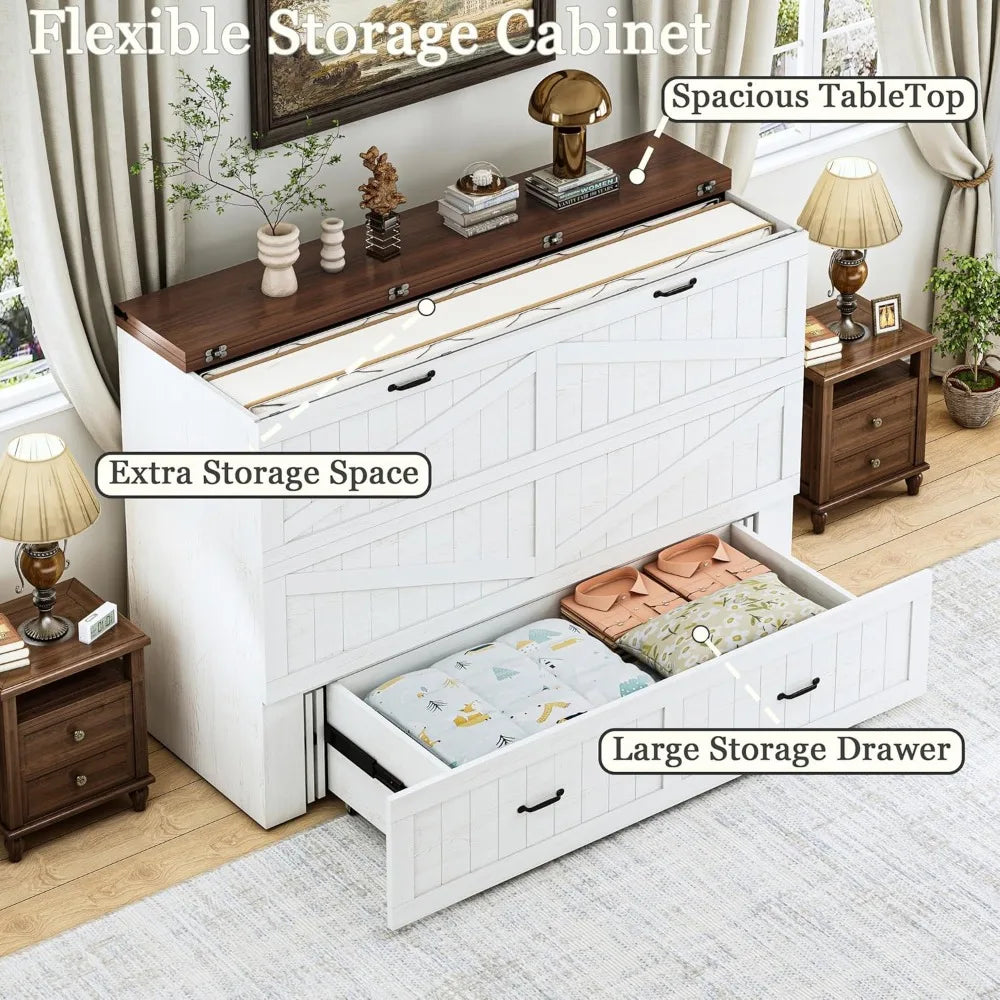 Queen Murphy Bed with Storage & Charging Station, Farmhouse Murphy Cabinet Bed with Large Drawer, Hideaway Foldable Platform Bed