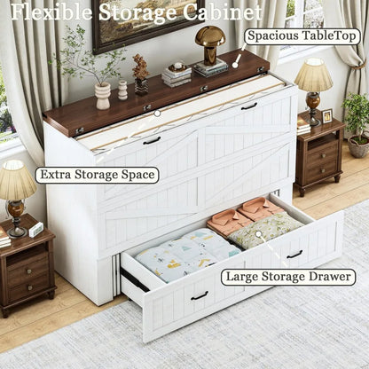 Queen Murphy Bed with Storage & Charging Station, Farmhouse Murphy Cabinet Bed with Large Drawer, Hideaway Foldable Platform Bed