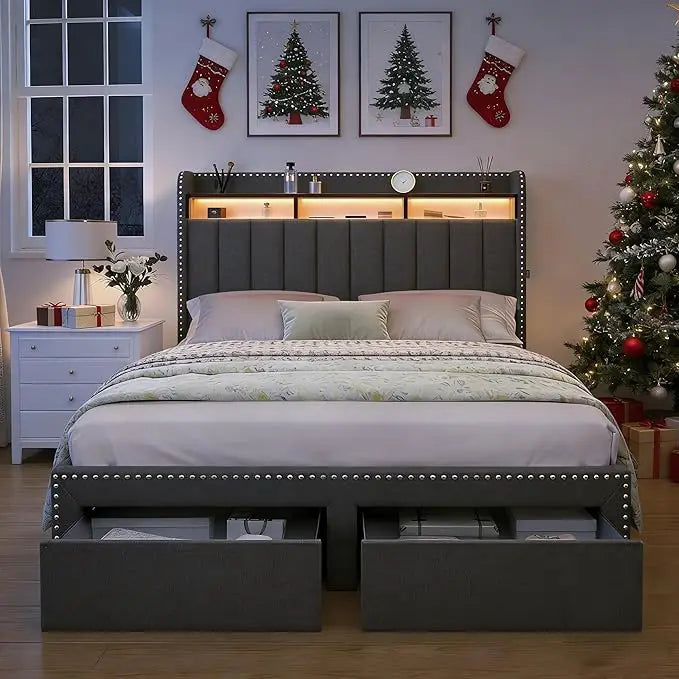 Modern Platform Bed with Upholstered Wingback Headboard, 2 Drawers, Channel Tufted, No Box Spring Needed Customized