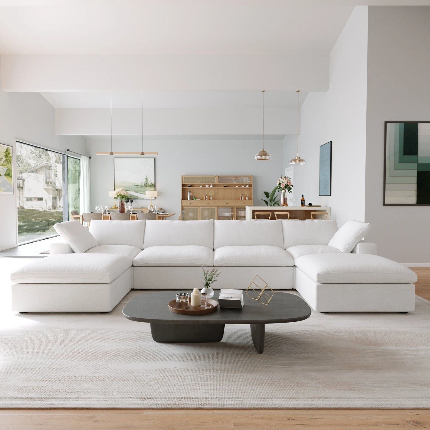 Modular Convertible Cloud Couch 6-Seats U-Shaped Couches Comfy Down Filled Sectional Sofa With Ottomans Removable Cushion Covers