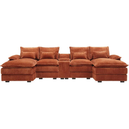 125" U-Shaped Sectional Sofa, Corduroy Cloud Couch with Storage & USB, 6-Seat Modular Sofa Set for Living Room, Orange