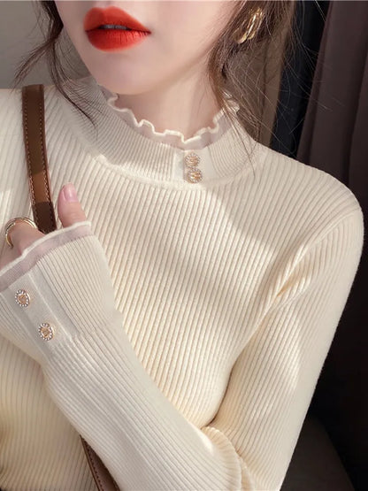 2025 Knitted Women Sweater O-neck Button Pullovers Spring Autumn Basic Sweaters for Female Pullover Slim Solid Bold Lace Tops