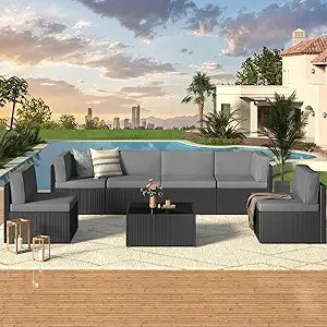 U-MAX 7 Piece Outdoor Patio Furniture Set, PE Rattan Outdoor Wicker Sectional Furniture Chair Set with Cushions and Tea Table, B