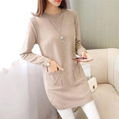 2024 New Style Korean Version Loose-Fit Medium-Length Knit Base Layer Top Women's Pullover Sweater Skirt Fleece-Lined Thickened
