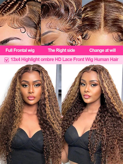 250% Wear and Go Glueless Wigs Highlight Ombre Curly Wigs Brown 13x4 HD Lace Frontal Human Hair Wigs Deep Water Wave Wigs CEXXY