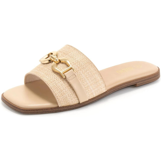 Women's Flat Sandals Summer Comfortable Square Open Toe Slip On Leather Slide Sandals