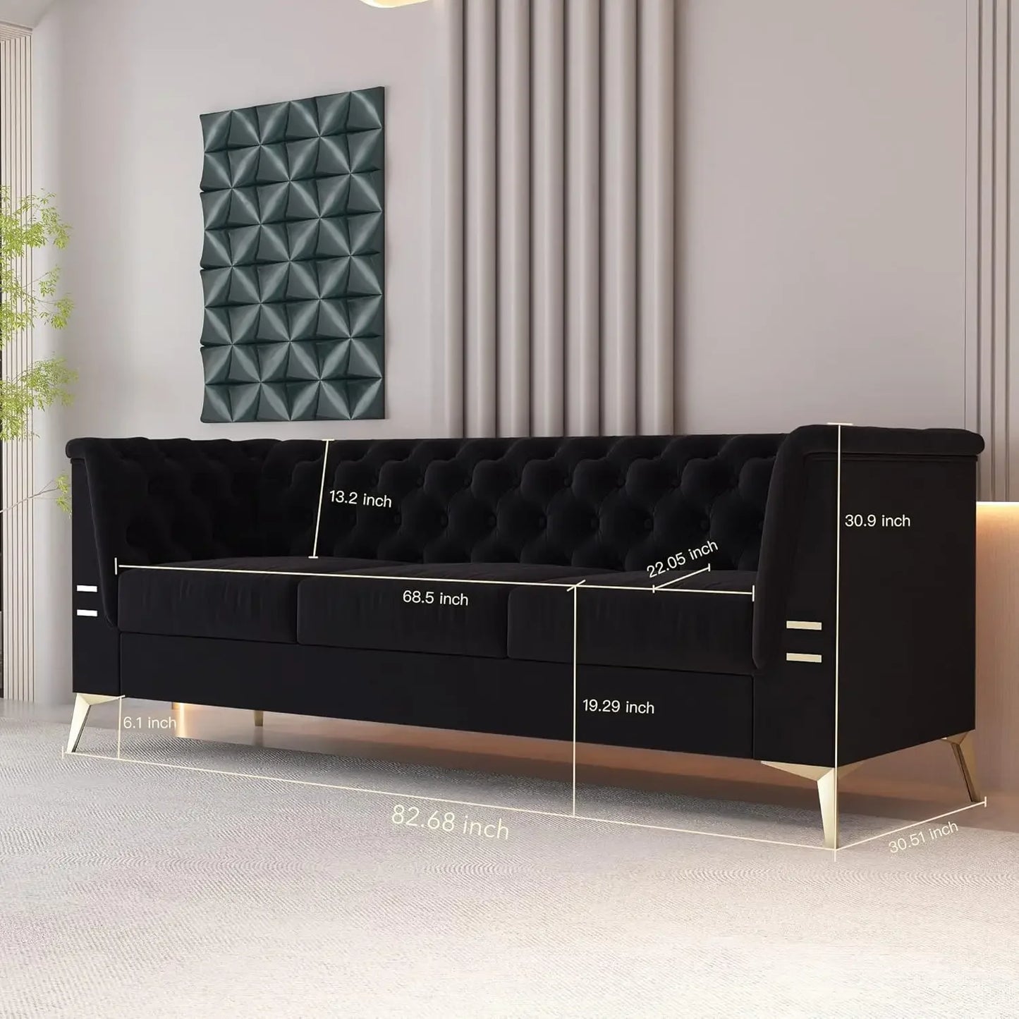 Black Chesterfield Velvet Couch for Living Room,3 Seater Tufted Sofa with Gold Metal Legs, Large Upholstered Comfy, Customized