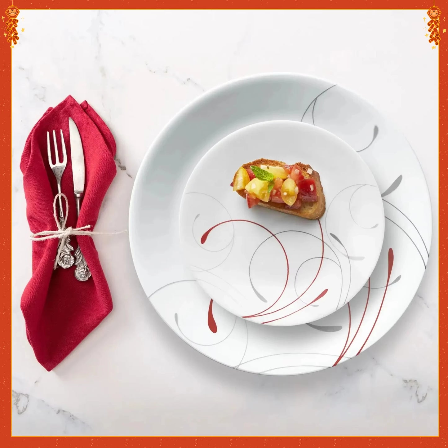 Classic White & Red Dinnerware Set, 12-Piece Ceramic Plates & Bowls. Dishwasher Safe, Service for 4, Modern Tableware.