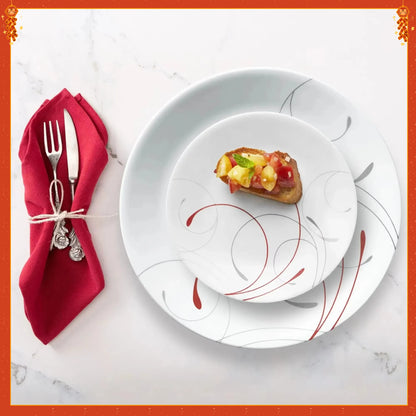 Classic White & Red Dinnerware Set, 12-Piece Ceramic Plates & Bowls. Dishwasher Safe, Service for 4, Modern Tableware.