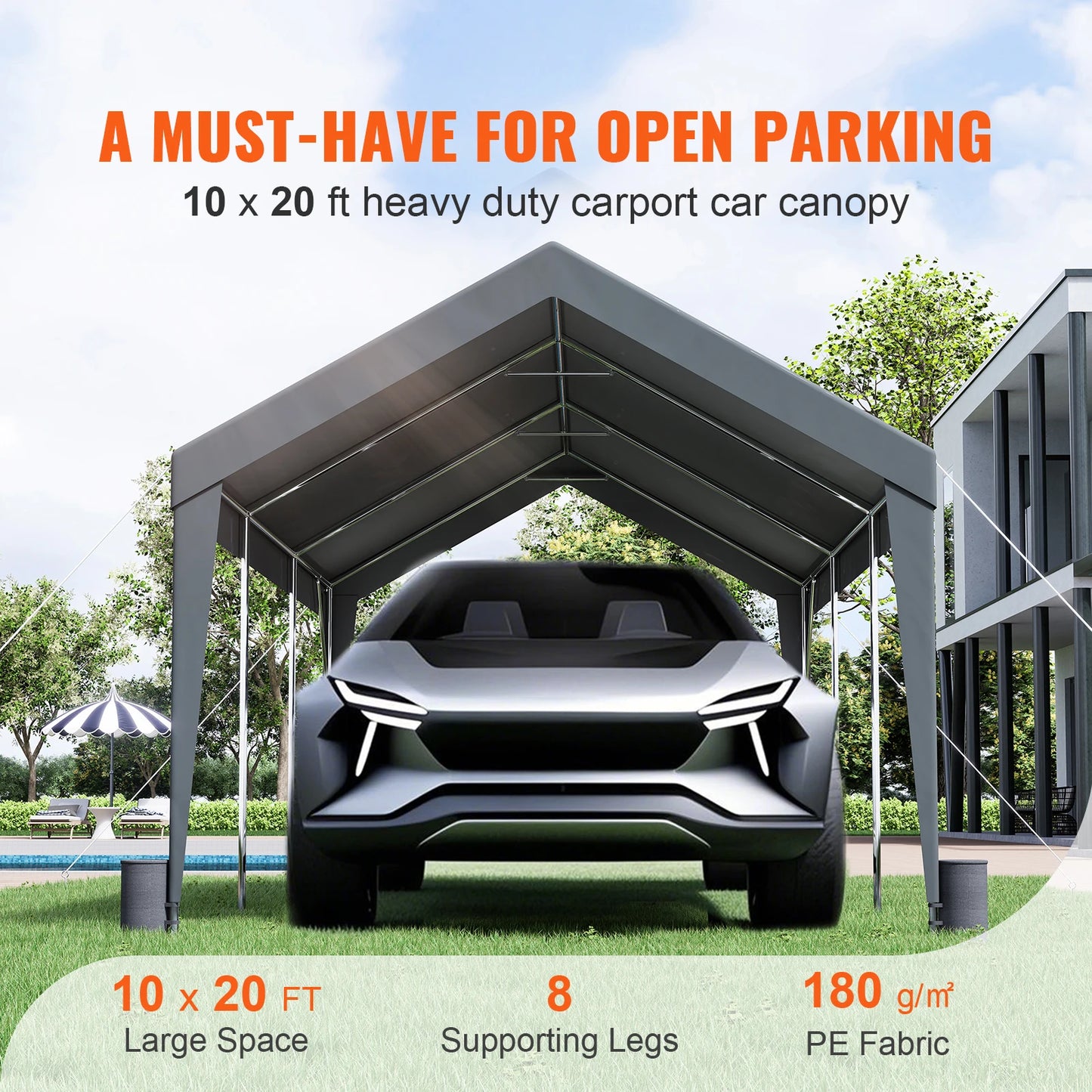 SucceBuy Carport 10x20ft Heavy Duty Car Canopy Garage with 8 Reinforced Poles and 4 Weight Bags UV Resistant Waterproof Tarp