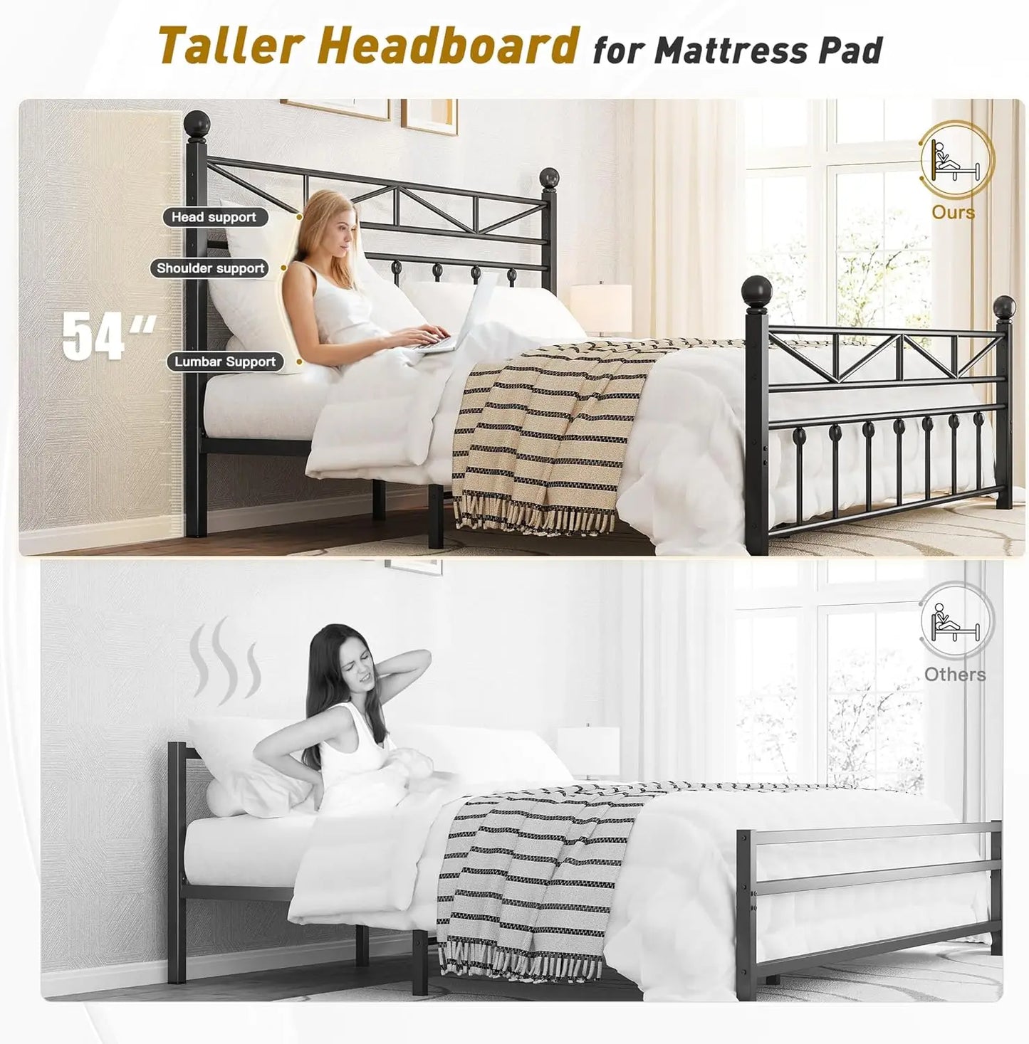 54" King Metal Bed Frame with LED Lights, Tall Headboard, Under Bed Storage, Noise-Free Design - No Box Spring Needed