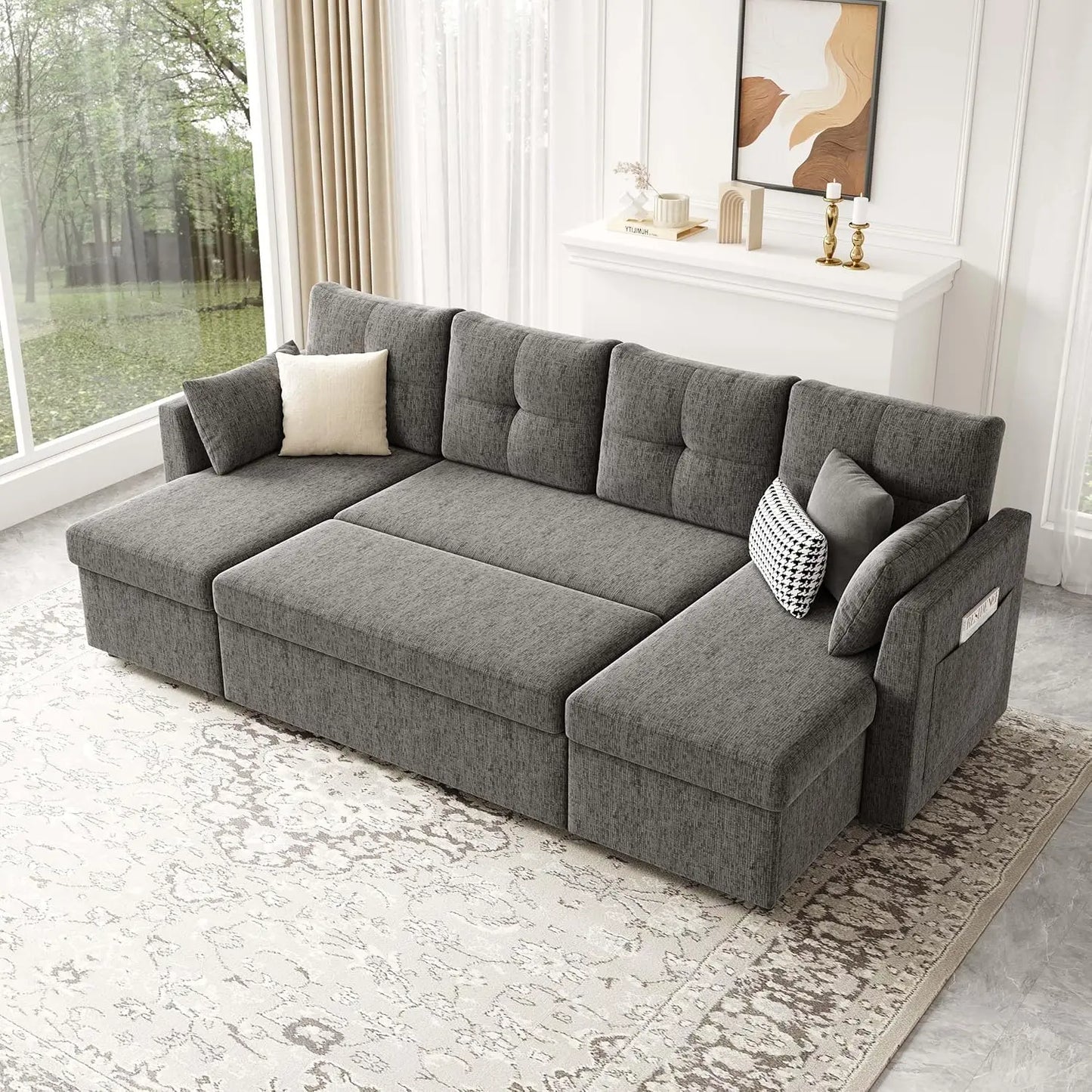Oversized Sleeper Sofa Couch, 110 inch 2 in 1 Pullout Couch Bed with Double Storage Chaise, Sectional Sleeper Sofa Bed with Side