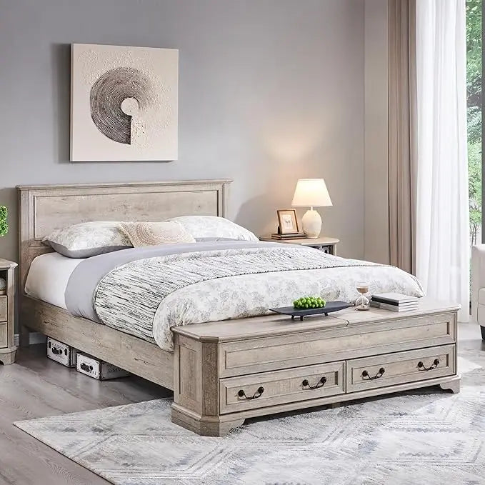 Farmhouse Queen Bed with Headboard and Storage Bench, Rustic Wood Platform Bed with 64" Storage Chest w/ 4 Large,Customized