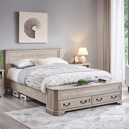 Farmhouse Queen Bed with Headboard and Storage Bench, Rustic Wood Platform Bed with 64" Storage Chest w/ 4 Large,Customized