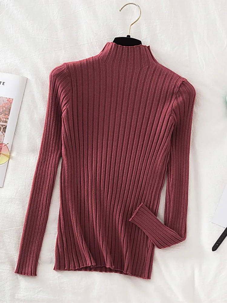 Croysier Pullover Ribbed Knitted Sweater Autumn Winter Clothes Women 2025 High Neck Long Sleeve Slim Basic Woman Sweaters Tops