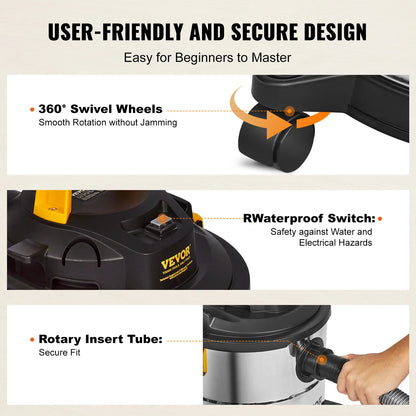 SucceBuy Stainless Steel Wet Dry Shop Vacuum Wet  Dry Vac Powerful Suction  Small Shop Vac Perfect for Carpet Debris  Pet  Hair