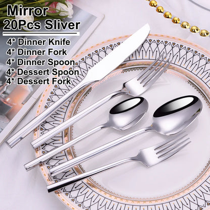 6/16/20Pcs Stainless Steel 304 Cutlery Set Mirror Sliver Tableware Western Hexagonal Handle Dinner Set Matte Knife Fork Spoon