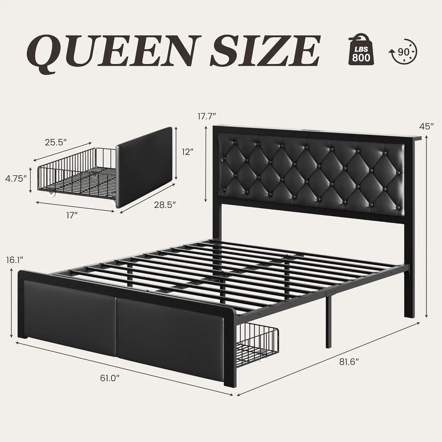 Queen Bed Frame with Storage Drawers, Upholstered Headboard, Charging Station, Noise-Free Metal Structure in Black