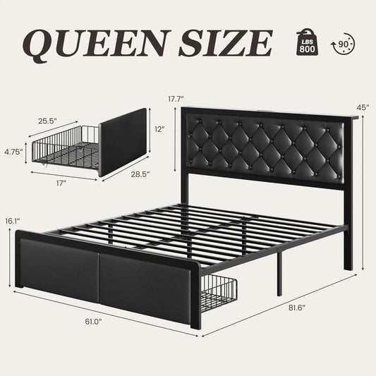Queen Bed Frame with Storage Drawers, Upholstered Headboard, Charging Station, Noise-Free Metal Structure in Black