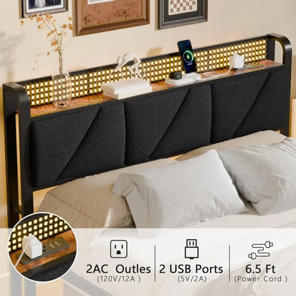 Platform Metal Bed Frame with Headboard And LED Lights Upholstered Bedframe with Charging Station And USB Port
