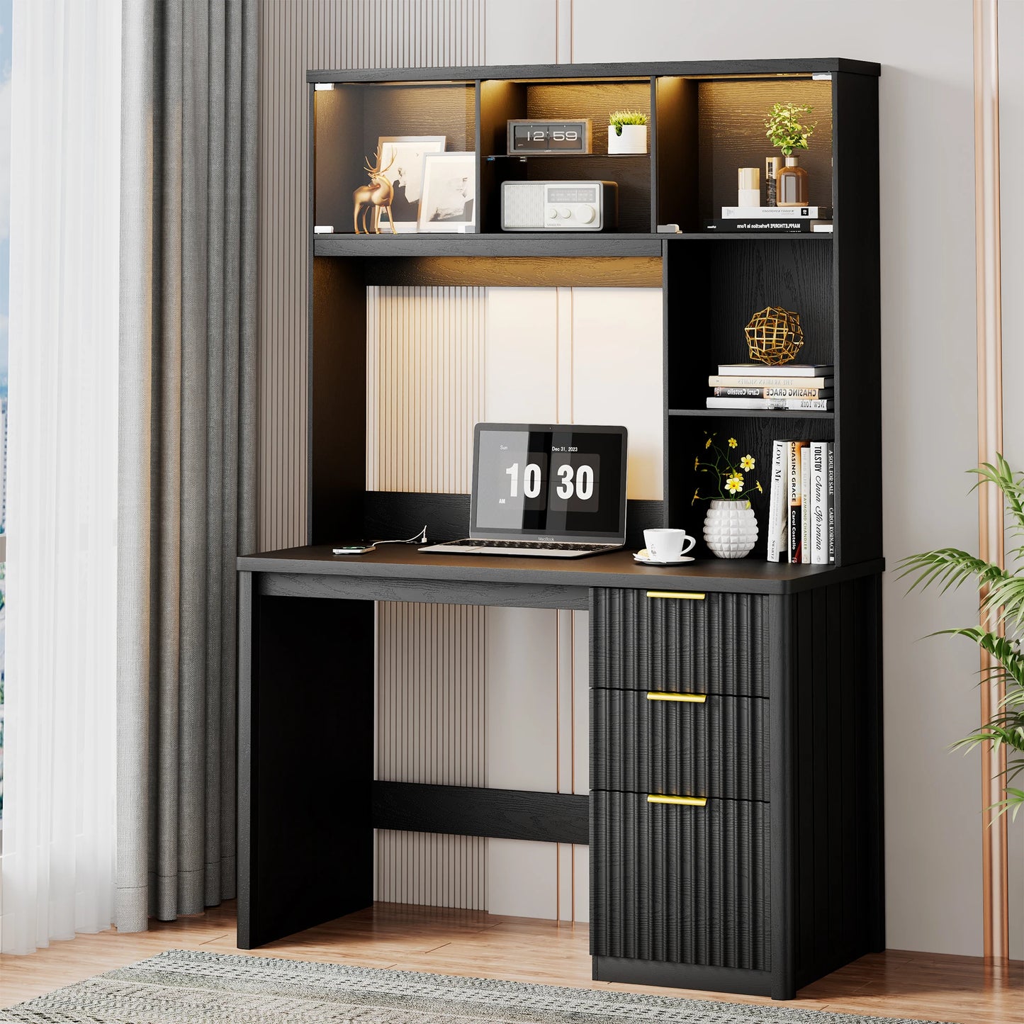 JDPAG LED Study Desk with Hutch & Storage Cabinet, 47" Home Office Desk with Outlet and 3 Color LED，Writing Desk for Bedroom