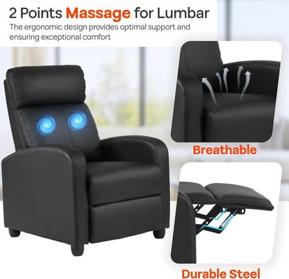 Massage Recliner Sofa with Lumbar Support and Adjustable Backrest for Living Room or Bedroom in Black Leather