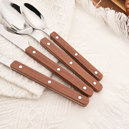 5/20Pcs Imitative Wood Silver Dinnerware Set Western Knife Fork Spoons Set Mirror Stainless Steel Cutlery Kitchen Silverware Set