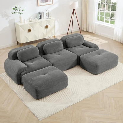 116" Modern Corduroy Cloud Sofa with Ottoman, U Shaped Boneless Modular Large Sectional Couches for Living Room, Green 3 Seater