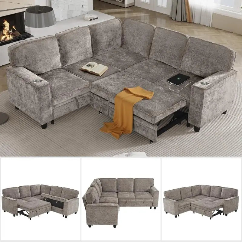 81" Modular Sectional Sofa, Pull Out Couch L Shaped 5-Seater Sectional with Hidden Storage, Cup Holders & USB, Customized