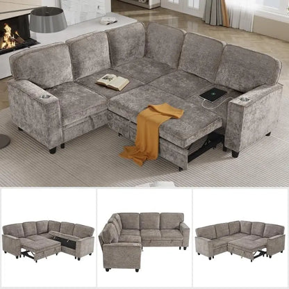 81" Modular Sectional Sofa, Pull Out Couch L Shaped 5-Seater Sectional with Hidden Storage, Cup Holders & USB, Customized