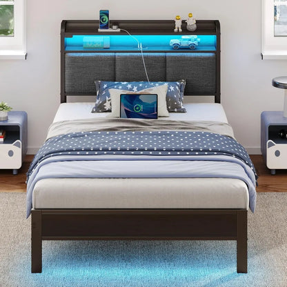 Rolanstar Bed Frame Twin Size with Charging Station and LED Lights, Upholstered Headboard with Storage Shelves, Heavy Duty Metal