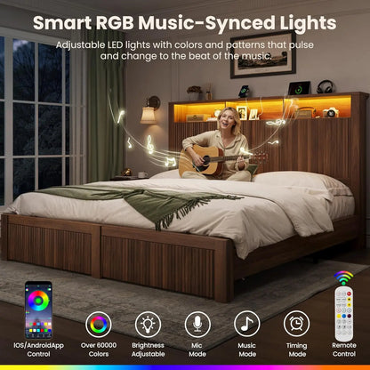 King Bed Frame and Headboard& 2 Storage Drawer, King Size Bed Frame with LED Light and Charging Port, Farmhouse, Customized