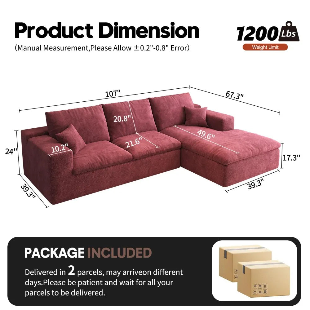 107'' L-Shaped Modern Modular Sectional Cloud Couch, 4-Seat Chenille Deep-Seat Sofa with Pillow for Living Room,Customized