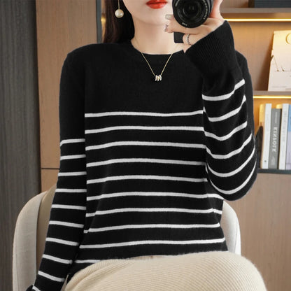Spring Women's Pullover Sweater Striped Two-Color Sweater Long Sleeve Crewneck New 100% Cotton Pullover Sweater For Women-SMY257