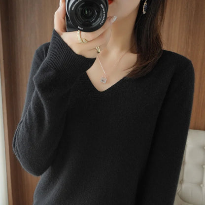 Autumn And Winter Cashmere Sweater New Women's V-neck Pullover Lace Neck Hollow Out Design Casual Knitted Long Sleeve Women's