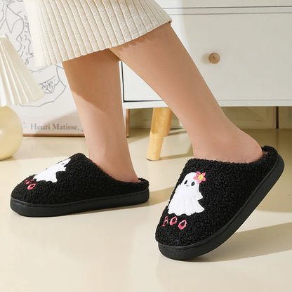 Halloween Ghost Plush Slippers Closed Toe Slippers Anti Slip Warm Slip-on House Shoes Soft Furry Slipper for Men Women