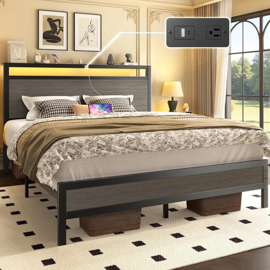 Queen Size Bed Frame with Headboard, Footboard, Built-in Charging Station, LED Lights, and Storage Shelves